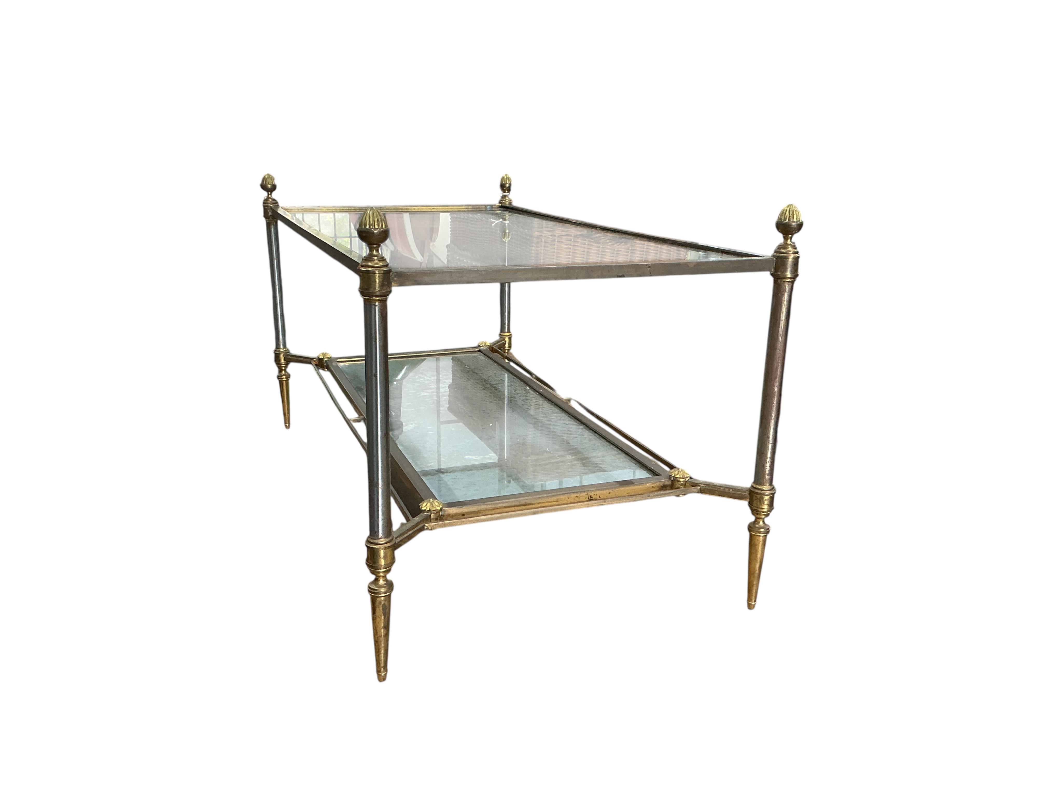 A Maison Jansen style rectangular brass and steel two tier coffee table with mirrored undertier, width 92cm, depth 50cm, height 48cm